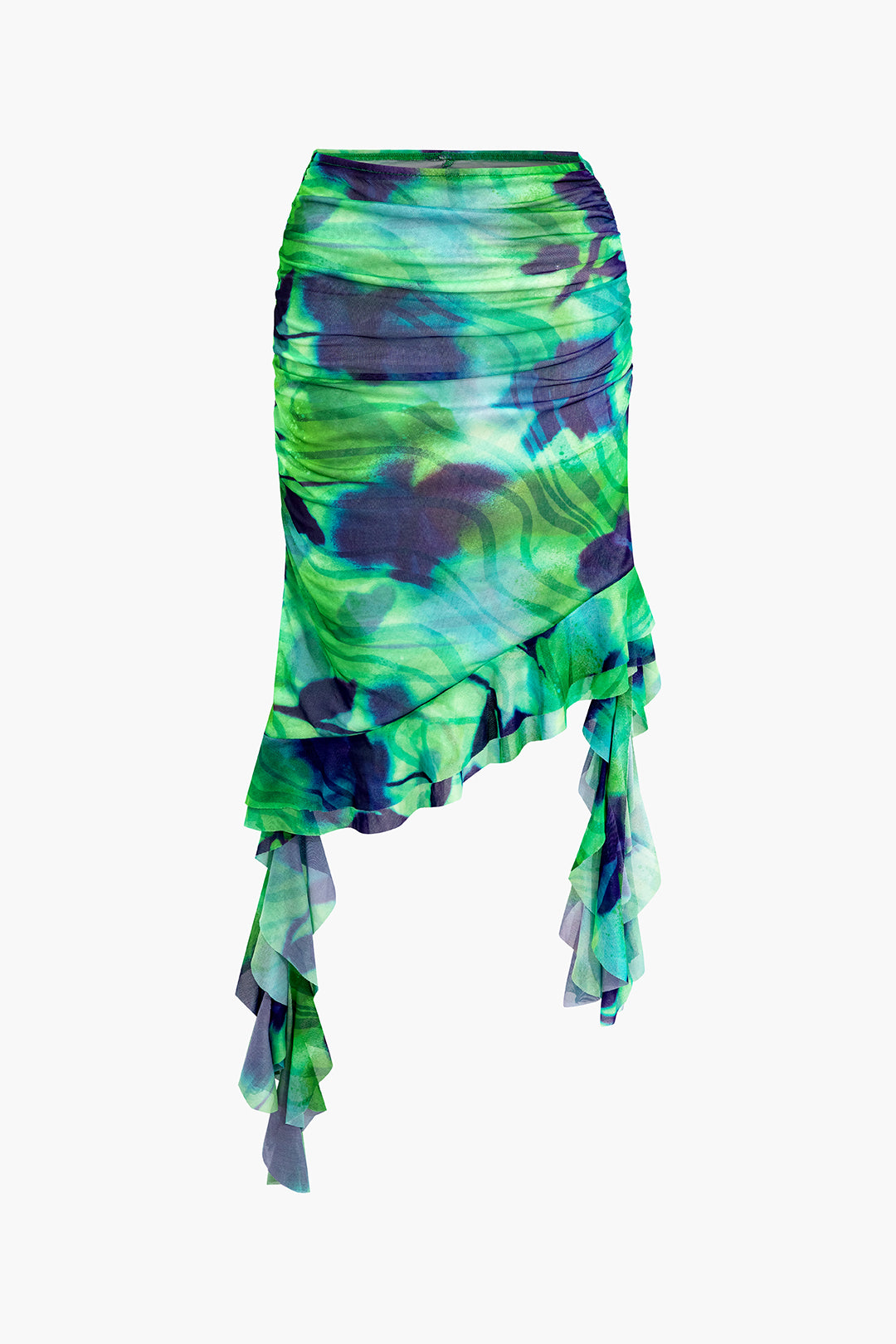Abstract Print Mesh Ruched Ruffle Midi Skirt