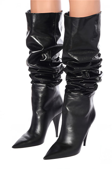 Rauched Faux Leder Speced Toe Knie High Stiefel