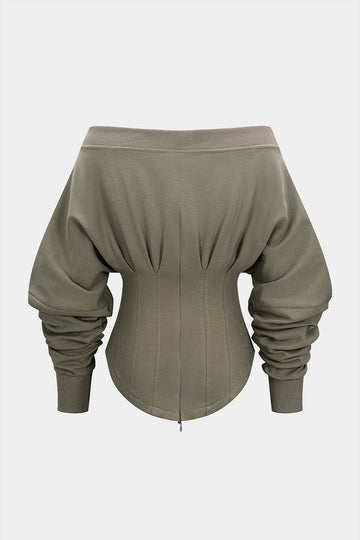 Off Shoulder Metallic Pleated Zipper Waist-Cinching Sweatshirt