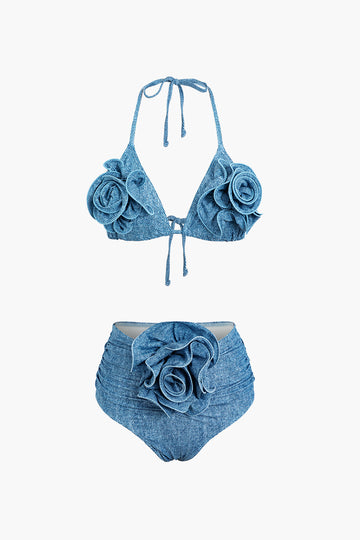 3D Flower Denim Halter Bikini Set