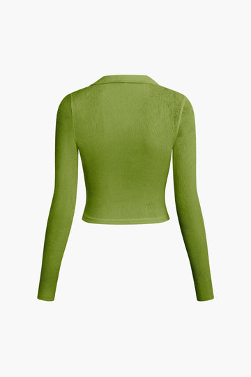 Collared Polo Neck Ruched Long-Sleeve Top