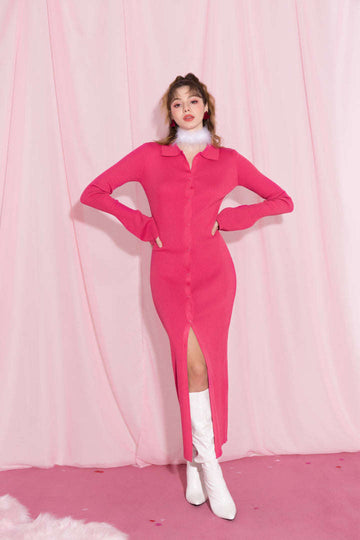 Muschelhülle gerippte Knöpfe unten Maxikleid