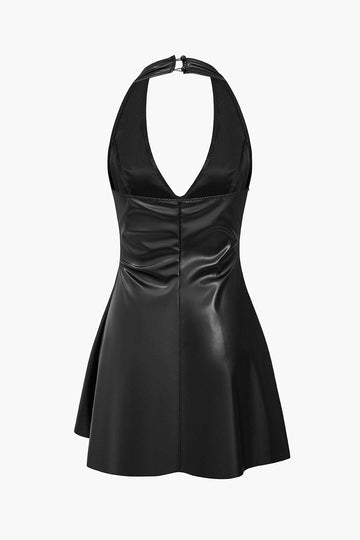 Solid Backless Halter Faux Leather Mini Dress