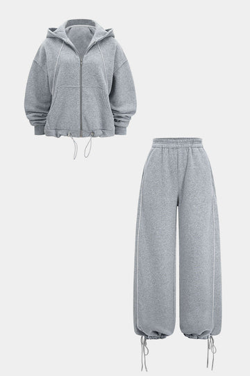 Drawstring Zipper Hoodie And Straight Leg Tie-Up Trousers Set