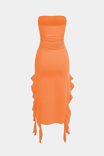 Solid Ruffle Hem Ruched Tube Maxi Dress