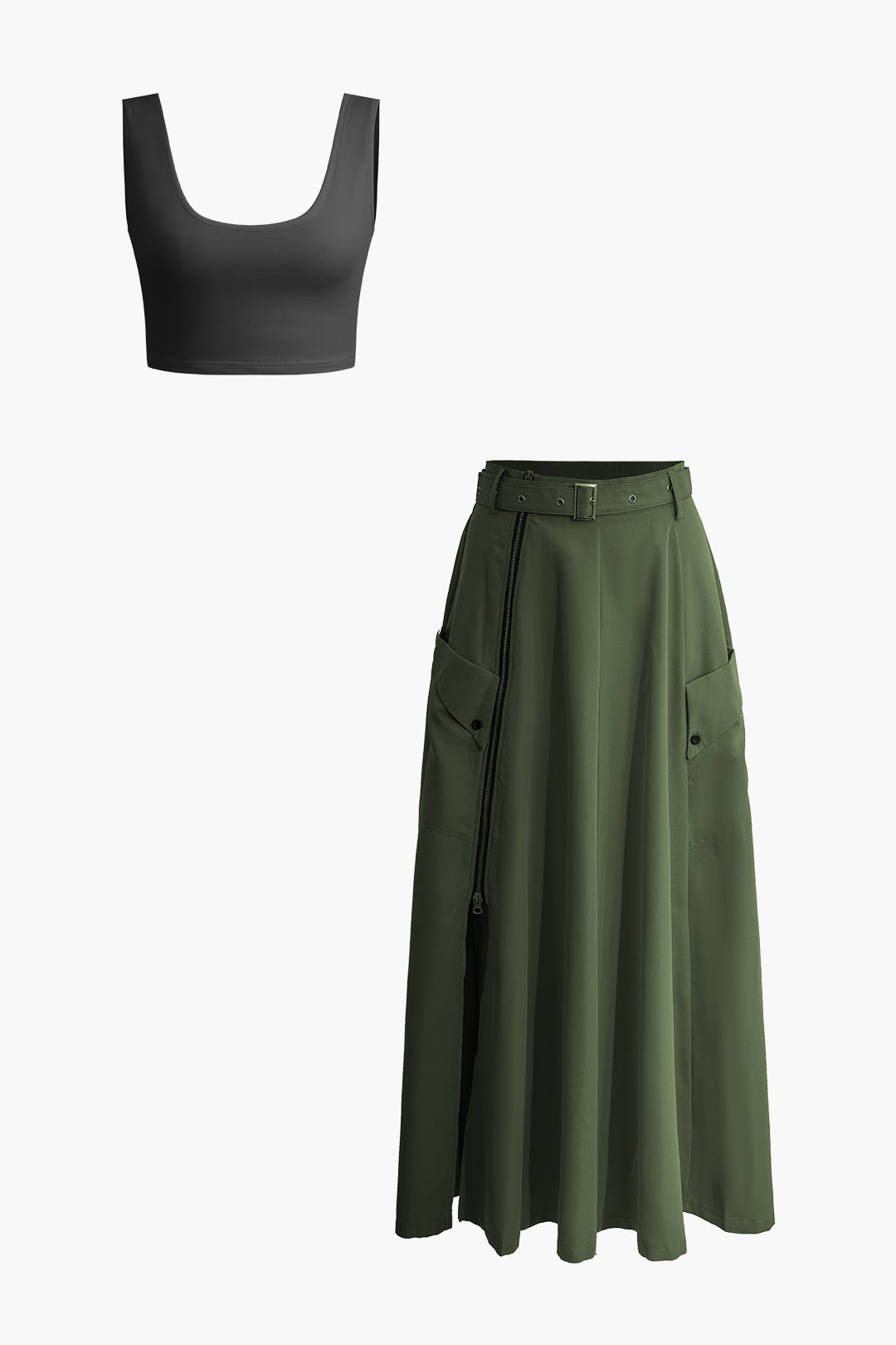 Solid Crop Tank Top And Zipper Pocket Pleated Skirt Set