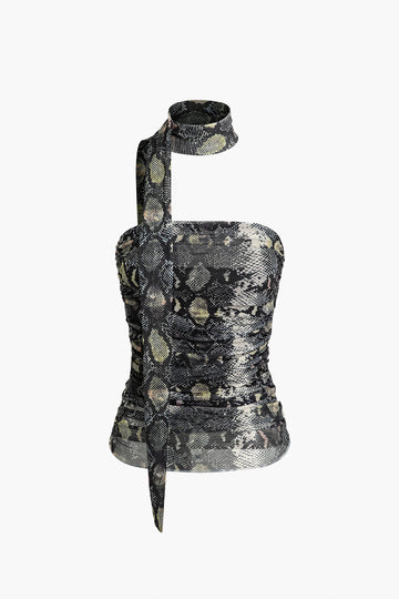 Snake Print Strapless Top With Neck Scarf