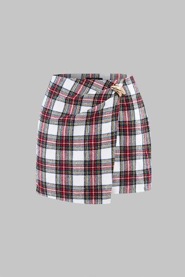 Contrast Plaid Print Asymmetrical High Waist Mini Skirt