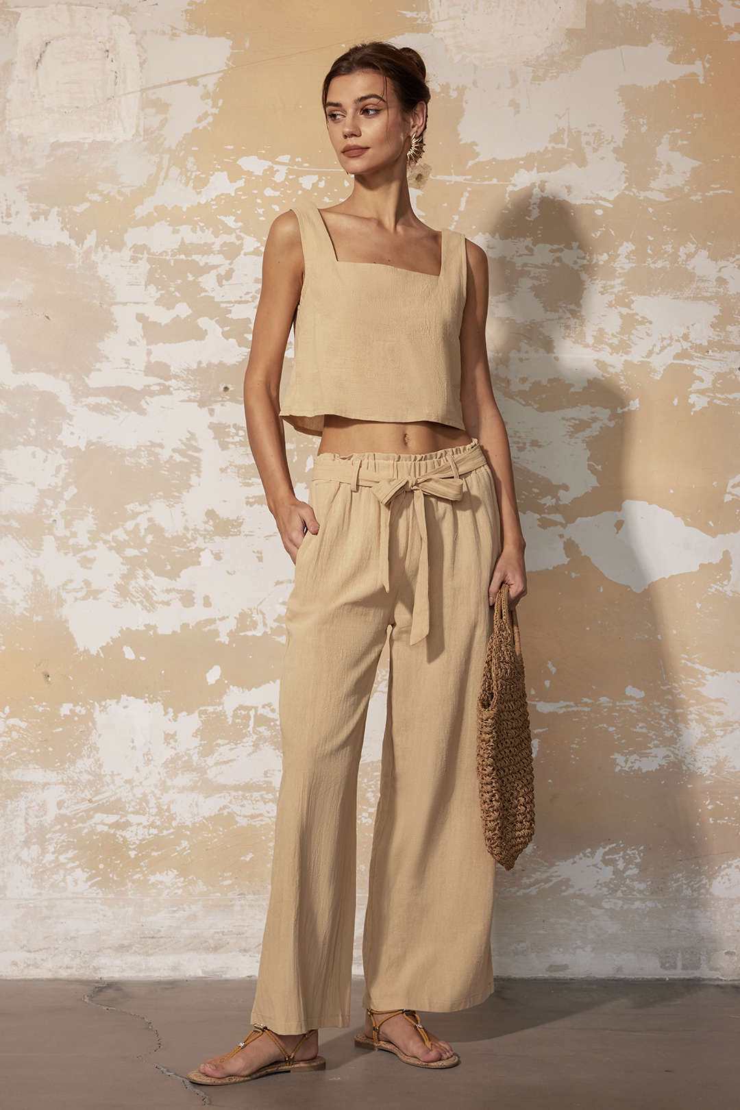 Solid Cami Top And Pleated Wide Leg Pants Set