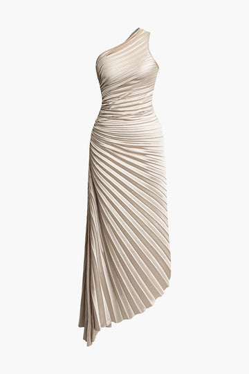 Asymmetrical One Shoulder Pleated Midi Dress