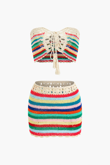 Rainbow Crochet Tie Front Tube Top And Skirt Set