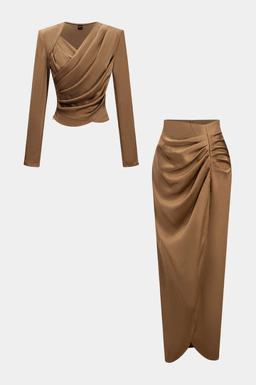 Asymmetrical Neck Ruched Long-Sleeve Top And Skirt Set