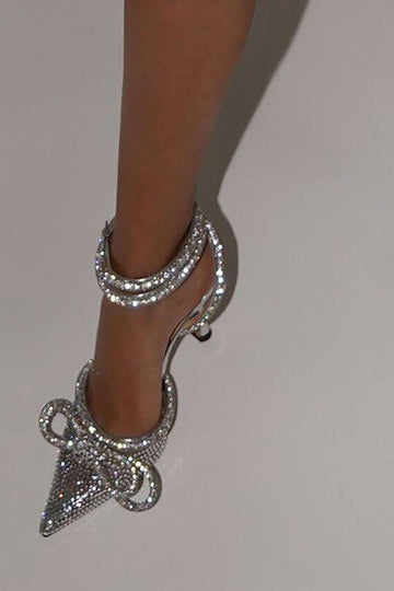 Rhinestone Bow Tie Pointed Toe Slingback High-heeled Sandals