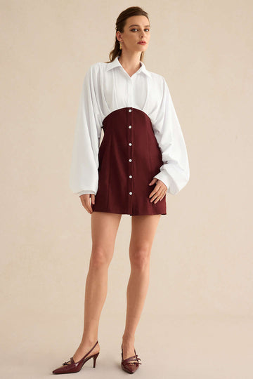 Contrast Button Ruched Long Sleeve Mini Dress