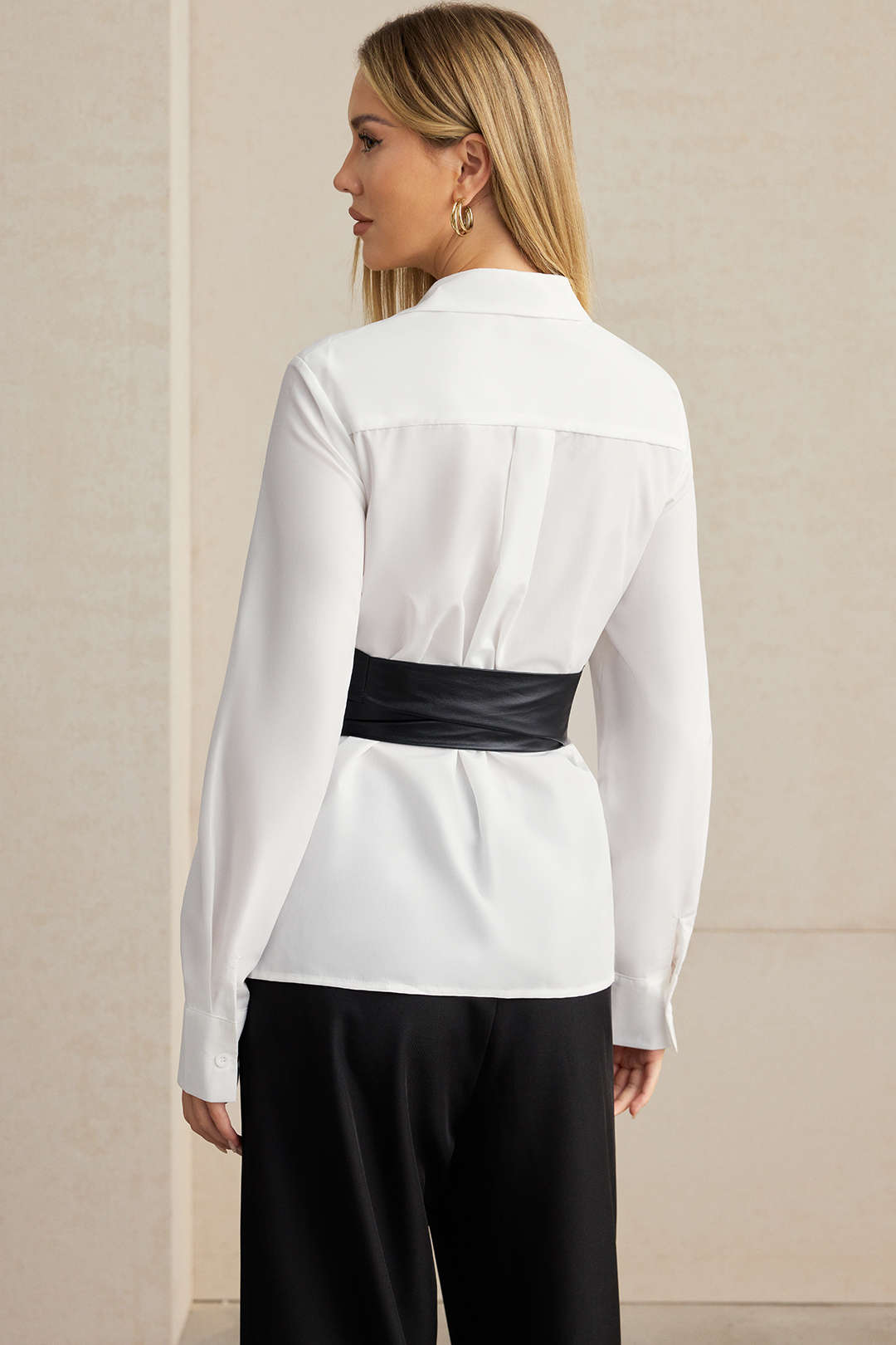 Faux Leather Patchwork Tie-Back Long-Sleeve Shirt