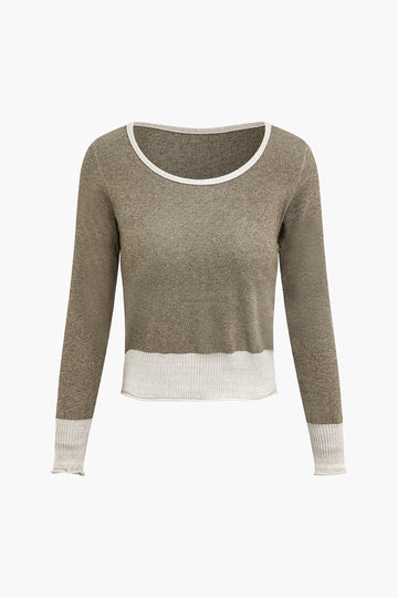 Contrast Trim Round Neck Long Sleeve Knit Top