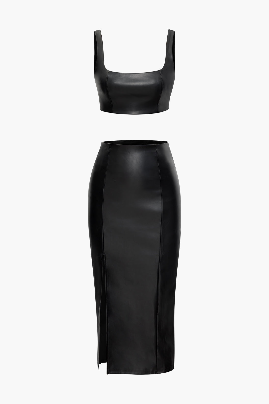 Faux Leather Cami Top And Slit Midi Skirt Set