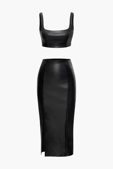 Faux Leather Cami Top And Slit Midi Skirt Set