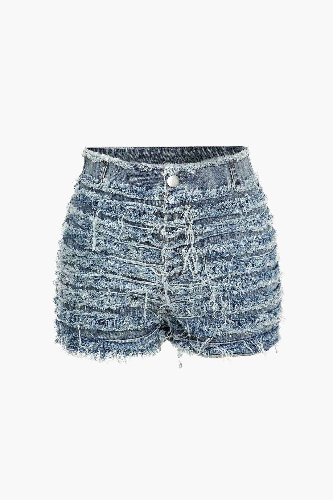 Solid Denim Frayed High Waist Shorts