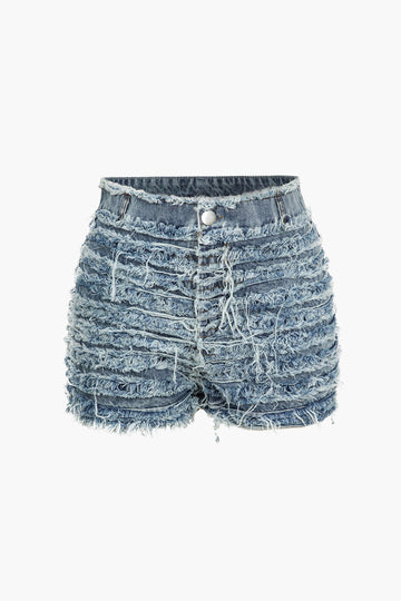 Solid Denim Frayed High Waist Shorts