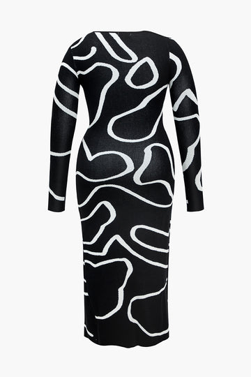 Plus Size Abstract Print Knit Cut Out Asymmetrical Mini Dress