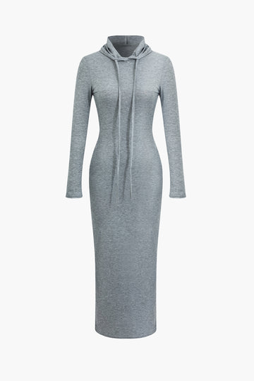 Basic Solid Fitted Hooded Long Sleeve Maxi Dress