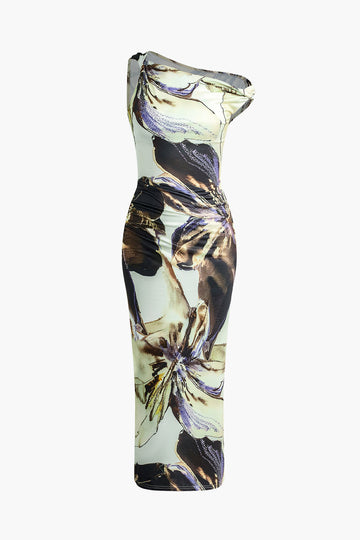 Floral Print Twist Asymmetrical Maxi Dress