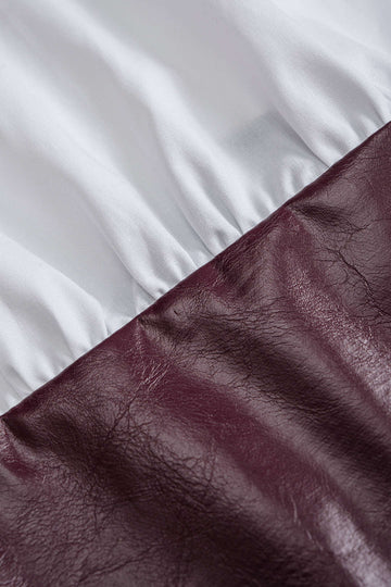 Faux Leather Patchwork Hook And Eye Waist-Cinching Long-Sleeve Shirt