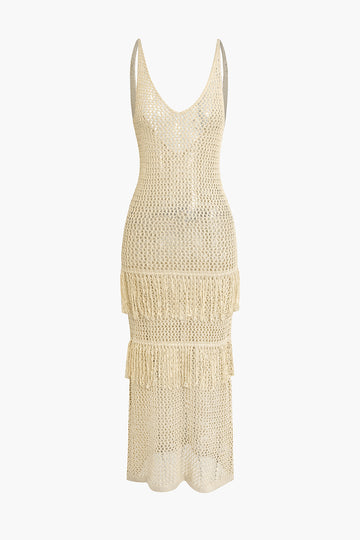 Solid Knit Fringe Backless Dress