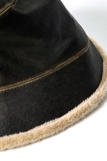 Faux Fur Hem Faux Leather Bucket Hat