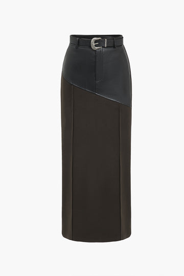 Faux Leather Patchwork Belted Slit Skirt