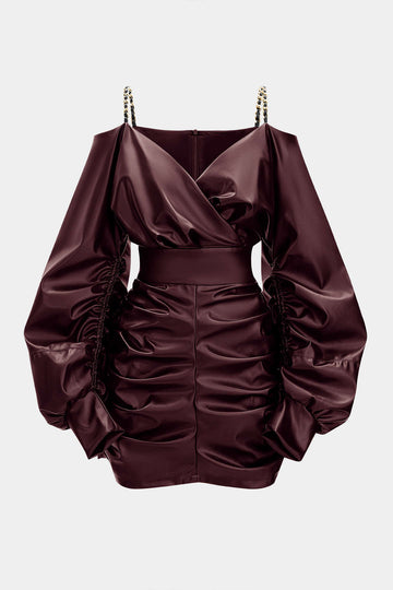 Faux Leather Metallic Chain Crossed Ruched Long Sleeve Mini Dress