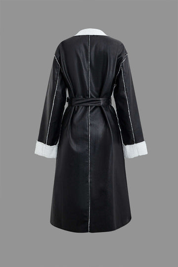 Faux Leather Fleece Notched Lapel Long Sleeve Coat