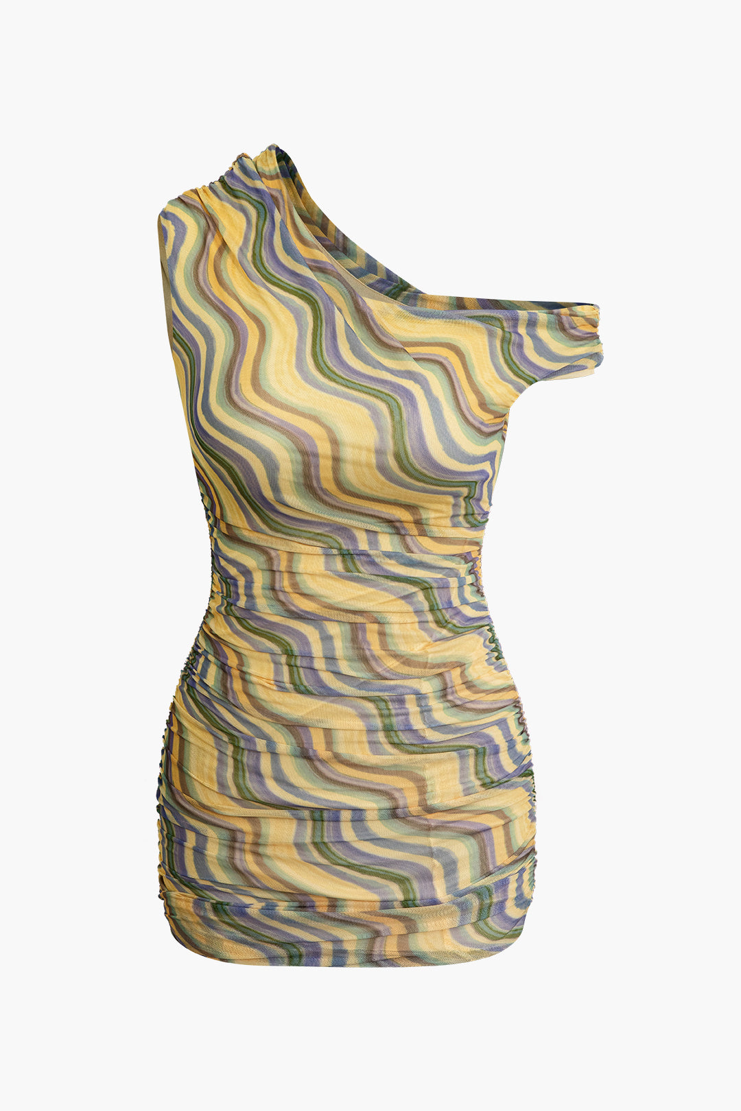 Abstract Print Asymmetric Mesh Mini Dress