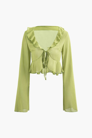 Deep V-neck Ruffle Tie Front Long Sleeve Crop Blouse