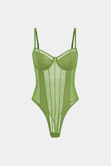 Mesh Backless Sheer Patchwork Corset Slip Bodysuit