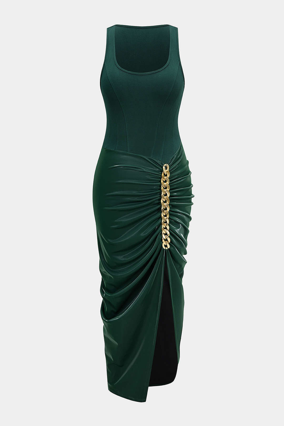 Metallic Chain Ruched Sleeveless Midi Dress