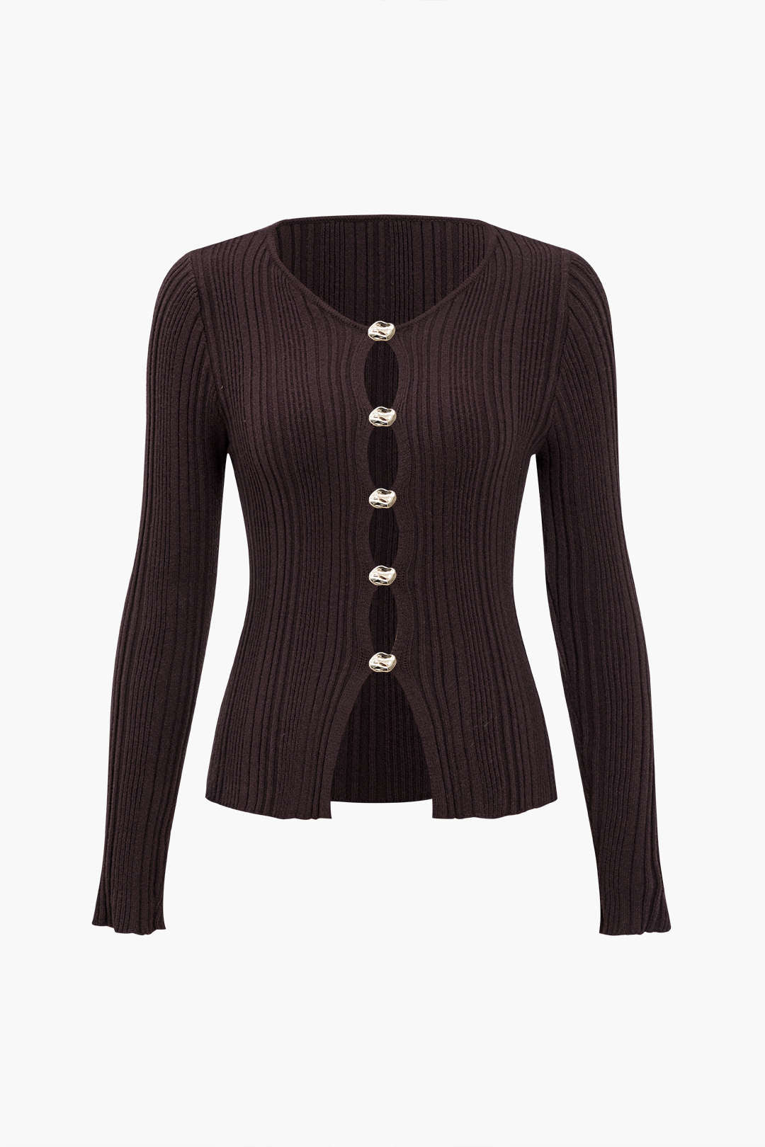 Solid Knit Button Long-Sleeve Top