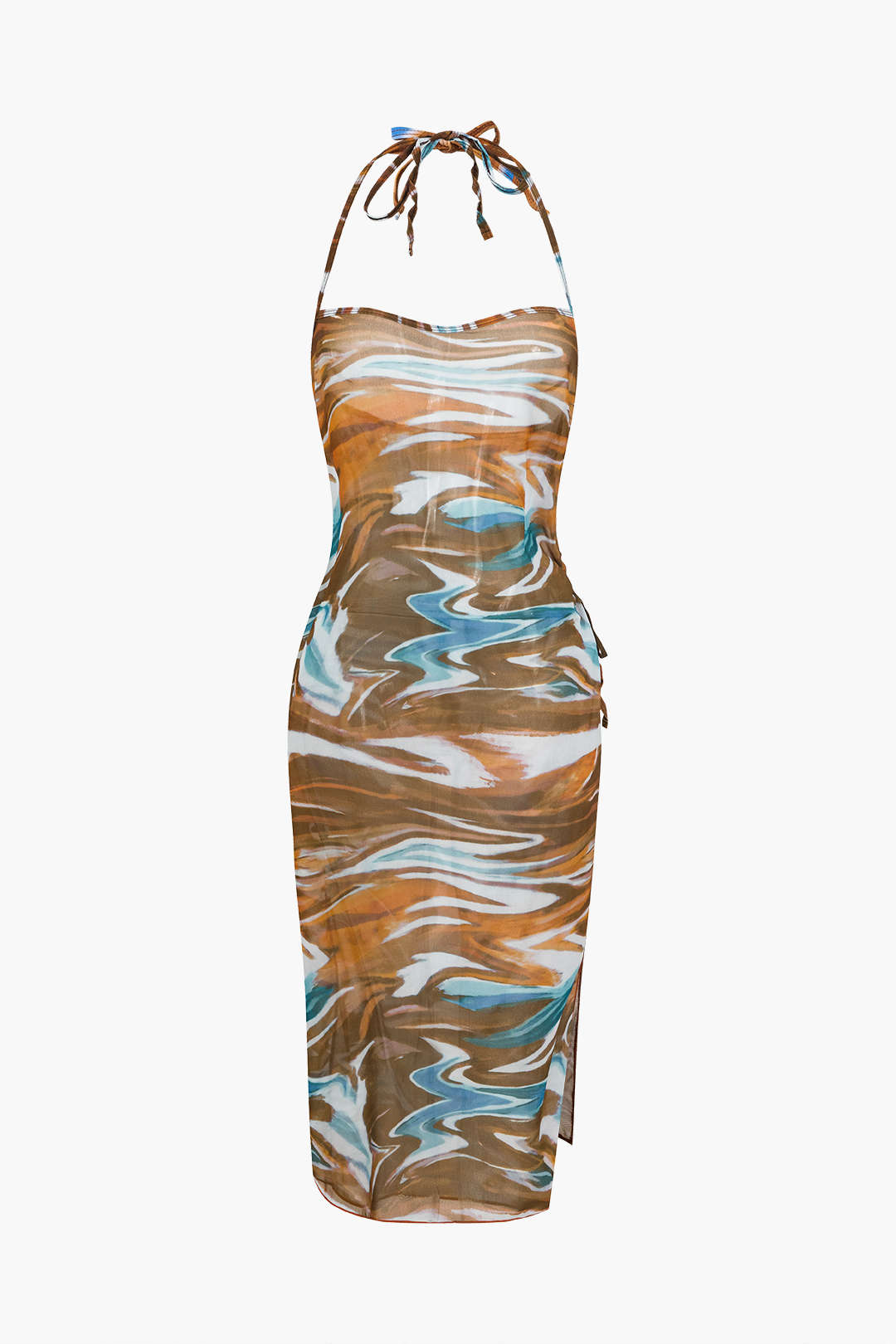 Abstract Print Tie Halter Bikini And Slit Midi Dress Swimsuit Set