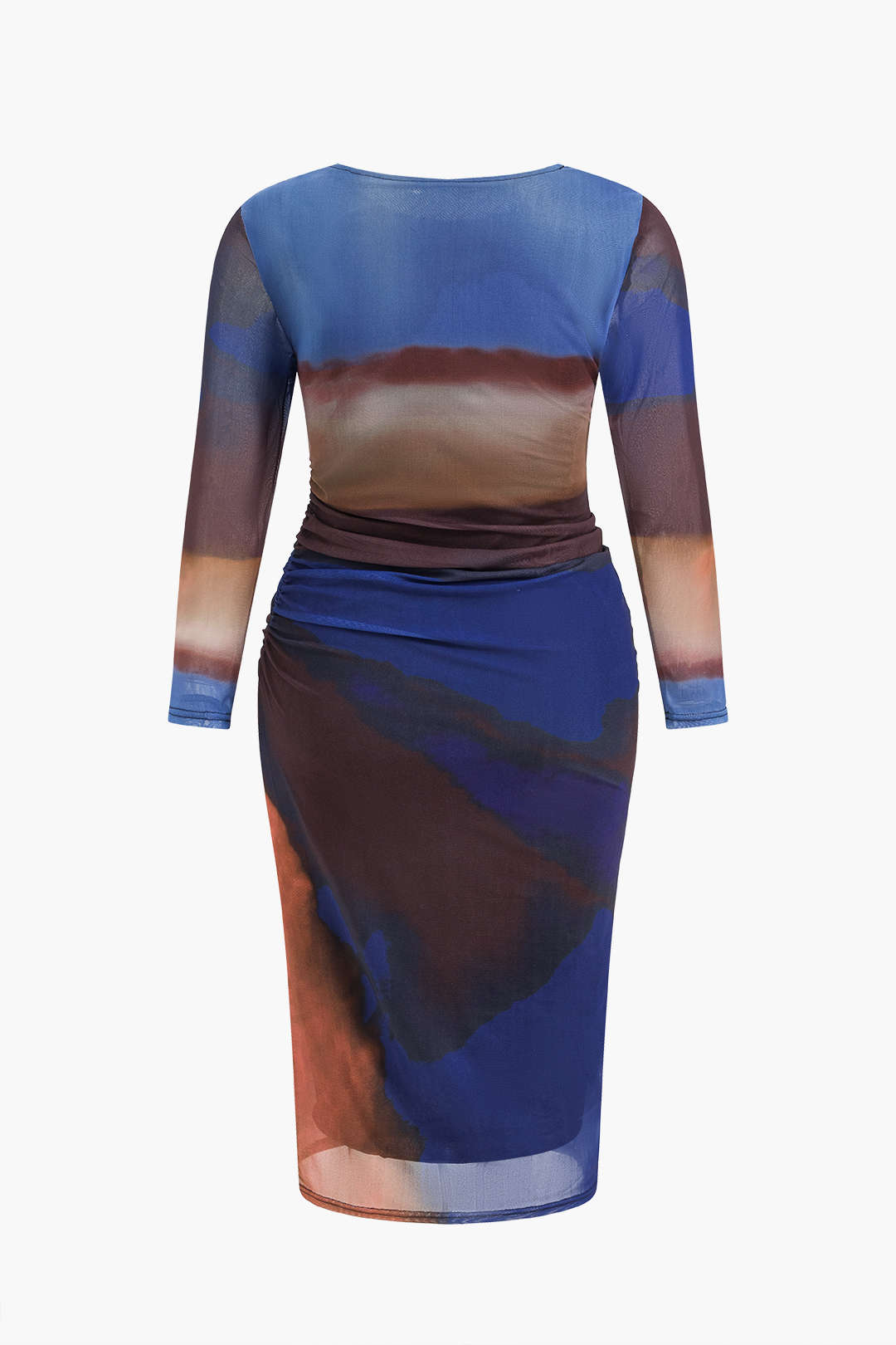 Plus Size Tie Dye Print Mesh Round Neck Ruched Long Sleeve Midi Dress