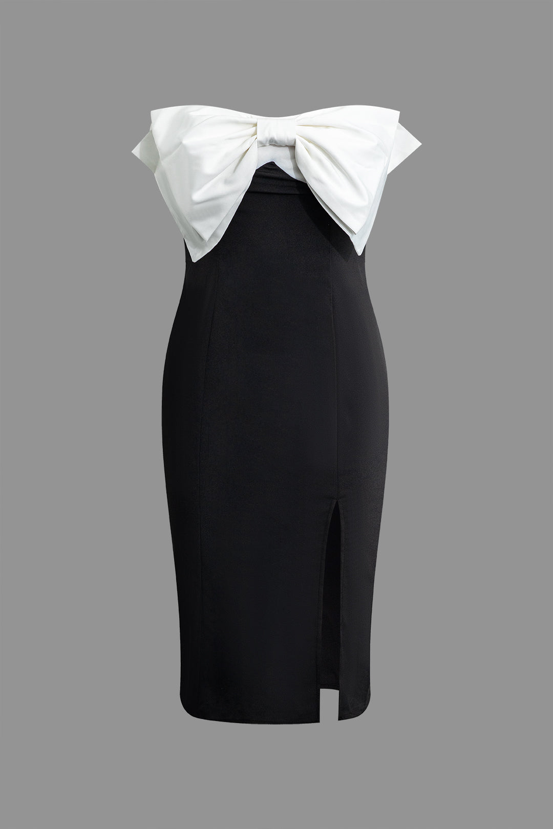 Bow Tie Front Contrast Slit Strapless Midi Dress