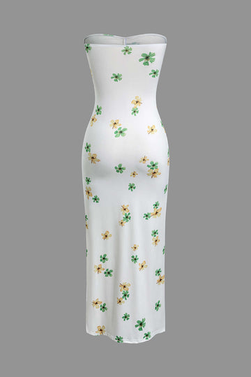 Floral Print Ruched Slit Strapless Maxi Dress