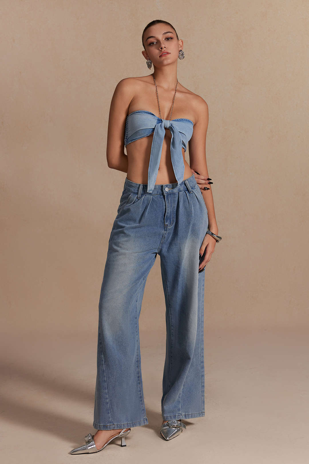 Kedjerem Halter Denim Bow Cami Top