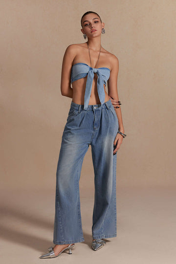 Kedjerem Halter Denim Bow Cami Top