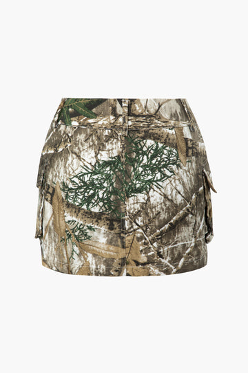 Leaves Print Cargo Mini Skirt