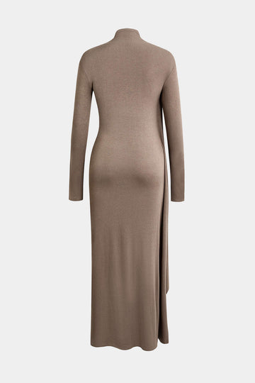 Mock Neck Wrap Ruched Long Sleeve Slit Maxi Kleid