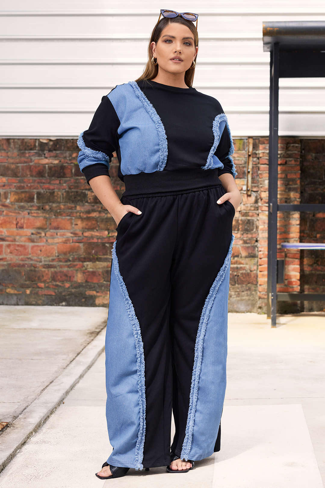 Patchwork plus taille de taille plus à manches longues et à taille haute les pantalons à jambe large de taille haute