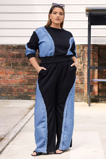 Patchwork plus taille de taille plus à manches longues et à taille haute les pantalons à jambe large de taille haute