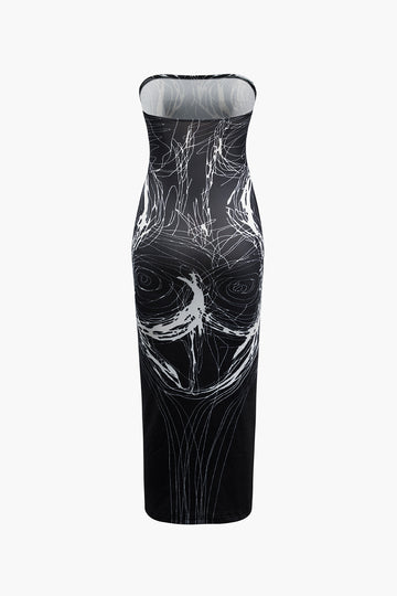 Line Print Strapless Midi Dress
