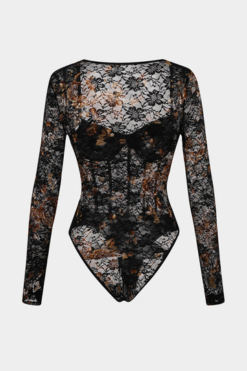 Sheer Lace Corset Long Sleeve Bodysuit